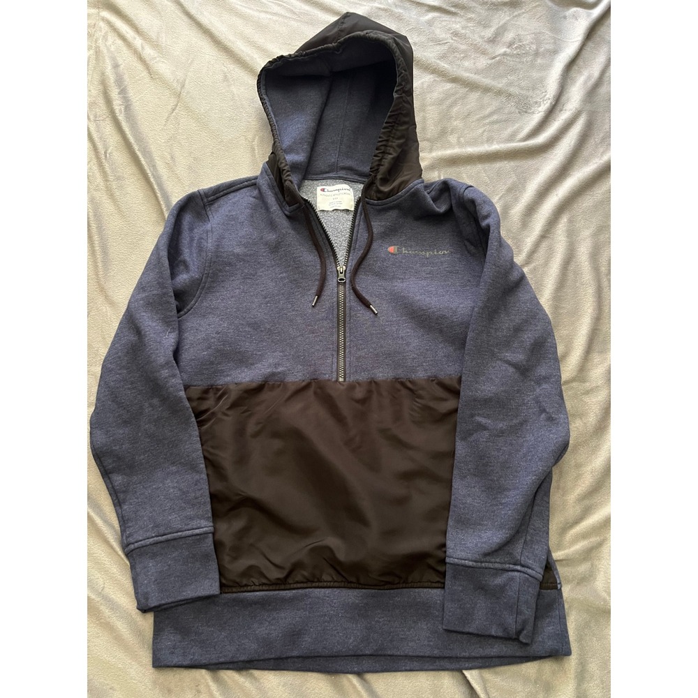 Vintage Champion Quarter Zip Hoodie Navy Black Mixed Media Mens Small